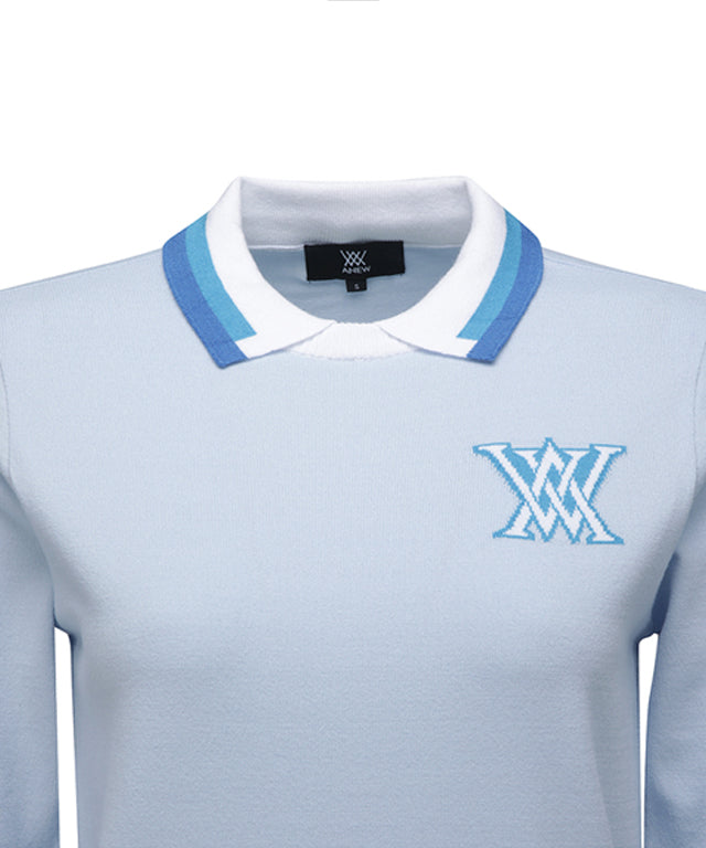 Sky blue knitted pullover sweater for women with logo and pastel color combination, featuring a round neck and button detail at the hem.