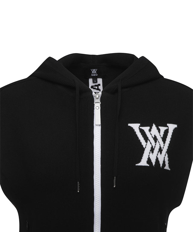 ANEW Golf Women Logo Point Hoodie Vest in Black, featuring a soft knit design and stylish hood.