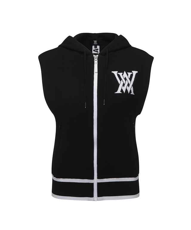 ANEW Golf Women Logo Point Hoodie Vest in Black, featuring a soft knit design and stylish hood.