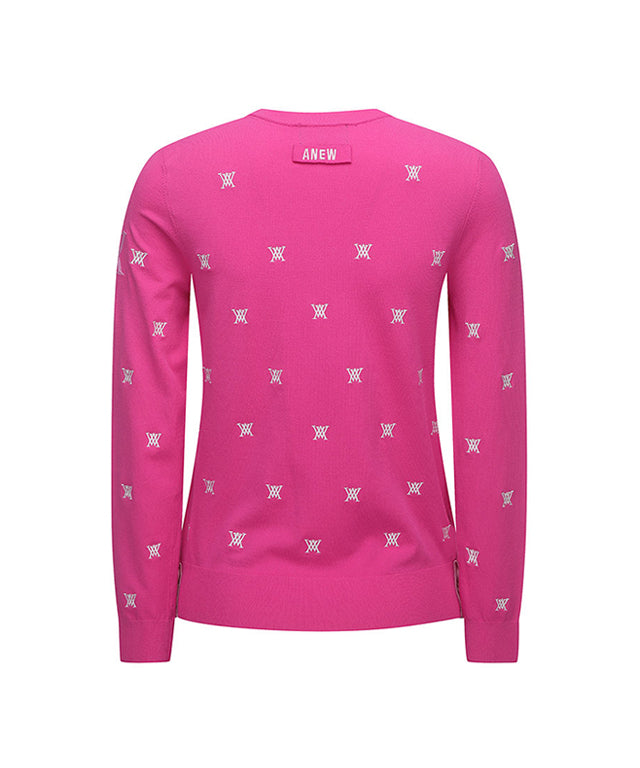 Pink pullover sweater for women featuring monogram logo and point color sleeves, perfect for golf or casual wear.