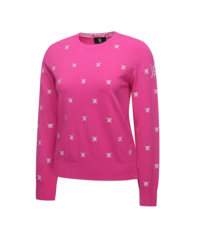 Pink pullover sweater for women featuring monogram logo and point color sleeves, perfect for golf or casual wear.