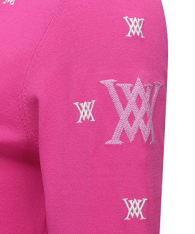 Pink pullover sweater for women featuring monogram logo and point color sleeves, perfect for golf or casual wear.