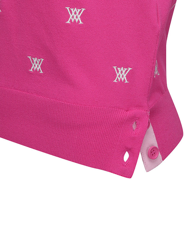 Pink pullover sweater for women featuring monogram logo and point color sleeves, perfect for golf or casual wear.