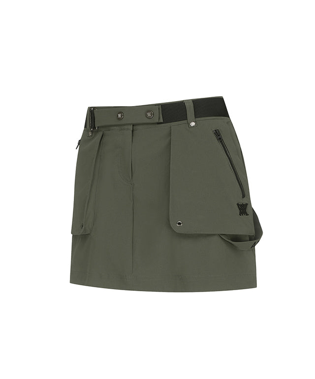 Khaki ANEW Golf Women Out Cago Pocket Skirt featuring a unique pocket design and webbing tape waist.