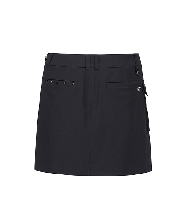 ANEW Golf Women's A-Line Skirt in black with out pocket and unique design, showcasing pleats and Anew logo.