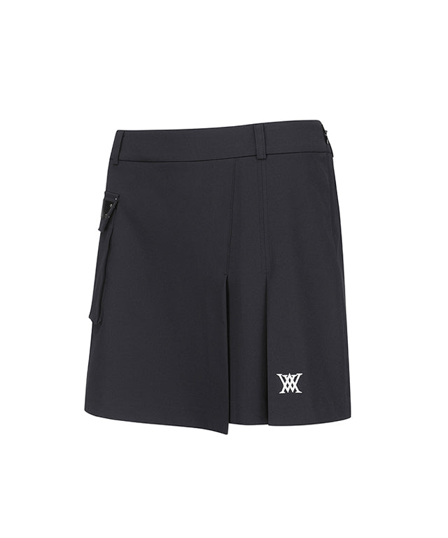 ANEW Golf Women's A-Line Skirt in black with out pocket and unique design, showcasing pleats and Anew logo.