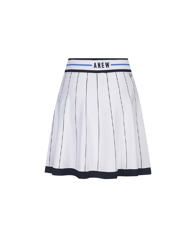 ANEW Golf Women Preppy Set-Up Skirt in White with blue stripes and multi-colored waistband, featuring logo embroidery on the hem.