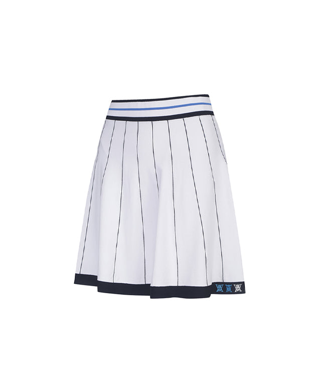 ANEW Golf Women Preppy Set-Up Skirt in White with blue stripes and multi-colored waistband, featuring logo embroidery on the hem.