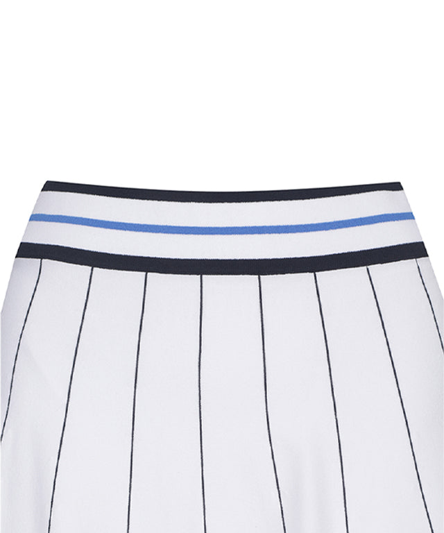 ANEW Golf Women Preppy Set-Up Skirt in White with blue stripes and multi-colored waistband, featuring logo embroidery on the hem.