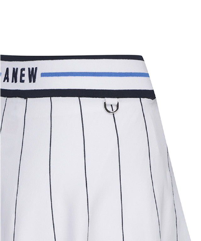 ANEW Golf Women Preppy Set-Up Skirt in White with blue stripes and multi-colored waistband, featuring logo embroidery on the hem.