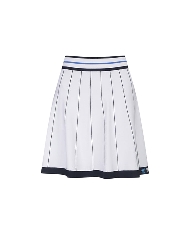 ANEW Golf Women Preppy Set-Up Skirt in White with blue stripes and multi-colored waistband, featuring logo embroidery on the hem.