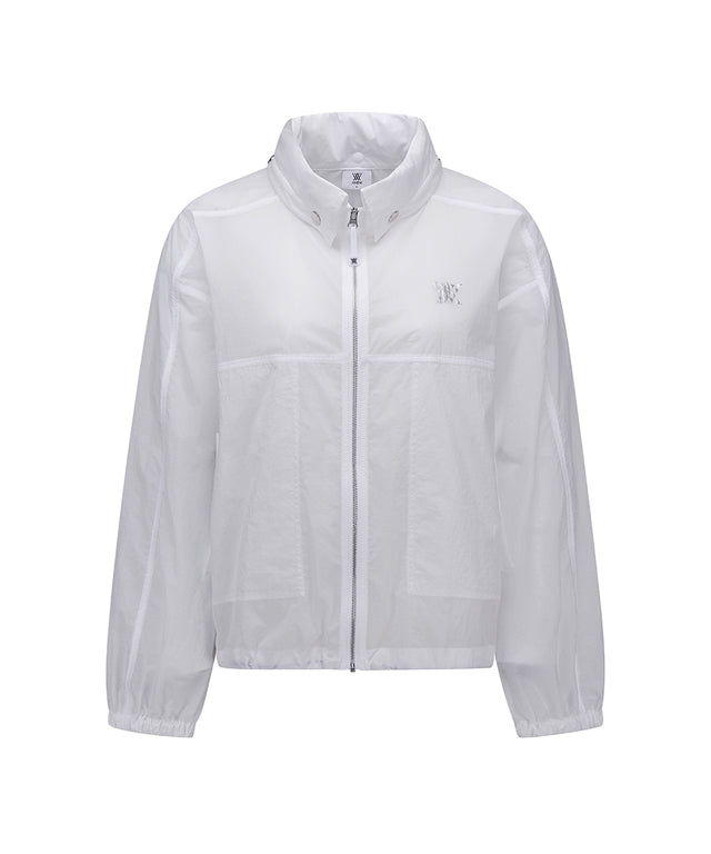 ANEW Golf Women Shirring Point Stingray Fit Jacket in lightweight nylon, featuring a stylish hood and logo decoration.