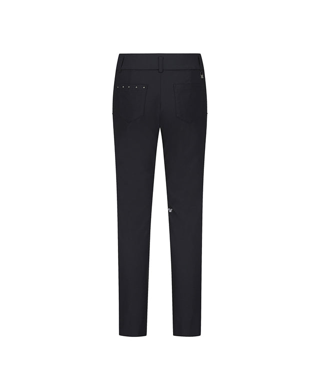 Women Waist Banding Long Pants in Black, featuring a semi-high waist and wide internal band for comfort and support.