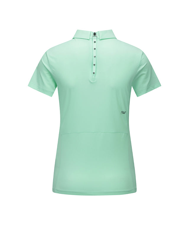 Light green ANEW Women's Mash Block Point Short Sleeve Long T-Shirt with stylish collar and mesh design.