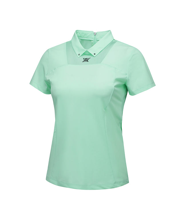 Light green ANEW Women's Mash Block Point Short Sleeve Long T-Shirt with stylish collar and mesh design.