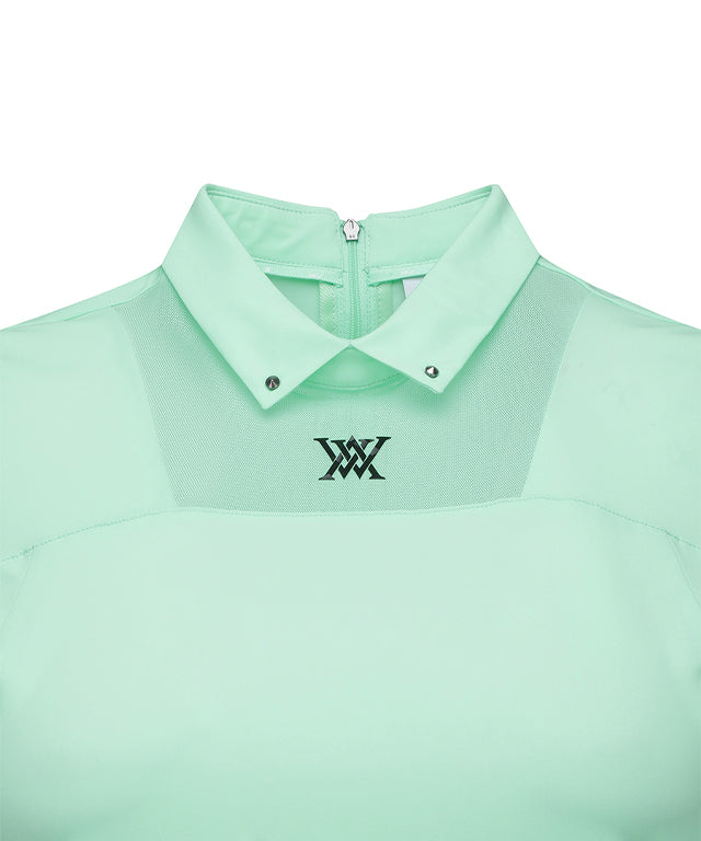 Light green ANEW Women's Mash Block Point Short Sleeve Long T-Shirt with stylish collar and mesh design.