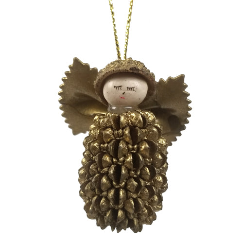 Gold colored Angel Ornament made from Cypress seed pod, Eucalyptus pod hat, white bean head, and pasta wings, showcasing unique craftsmanship.