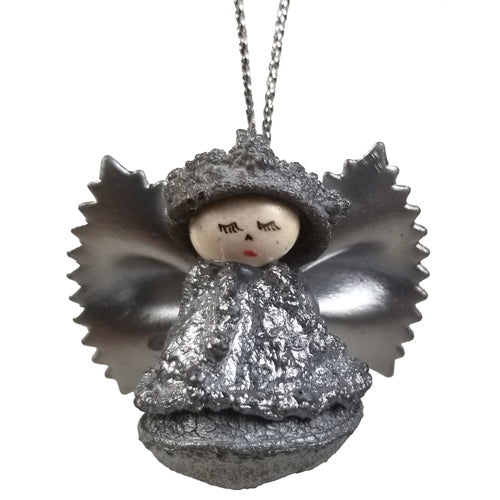 A silver colored Angel Ornament made from Eucalyptus seed pods, featuring a white bean head and pasta wings, perfect for holiday decorations.