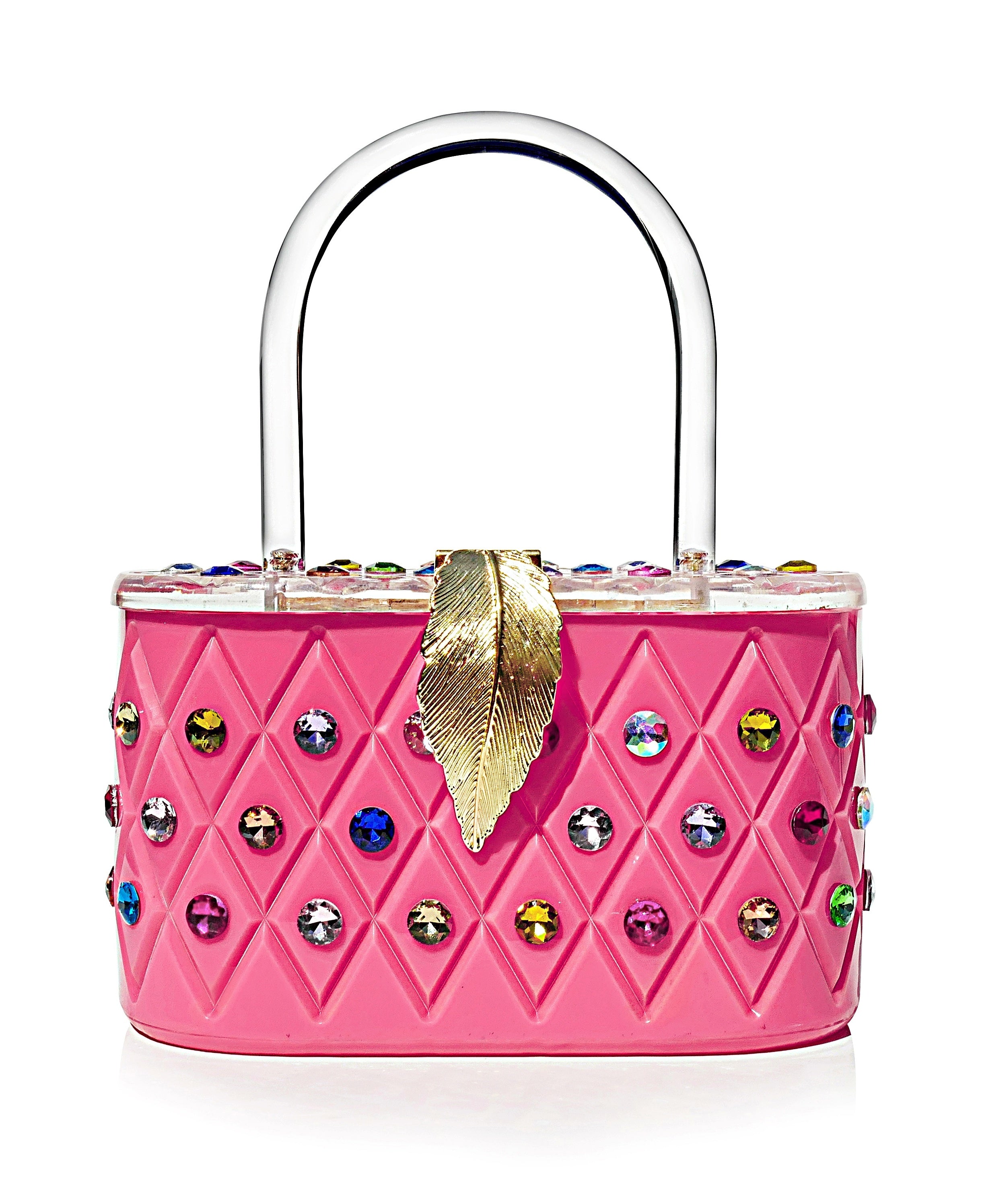 The 'Angel' Pink Rainbow Acrylic Box Clutch Bag featuring a vintage design with colorful crystals and an engraved pattern.