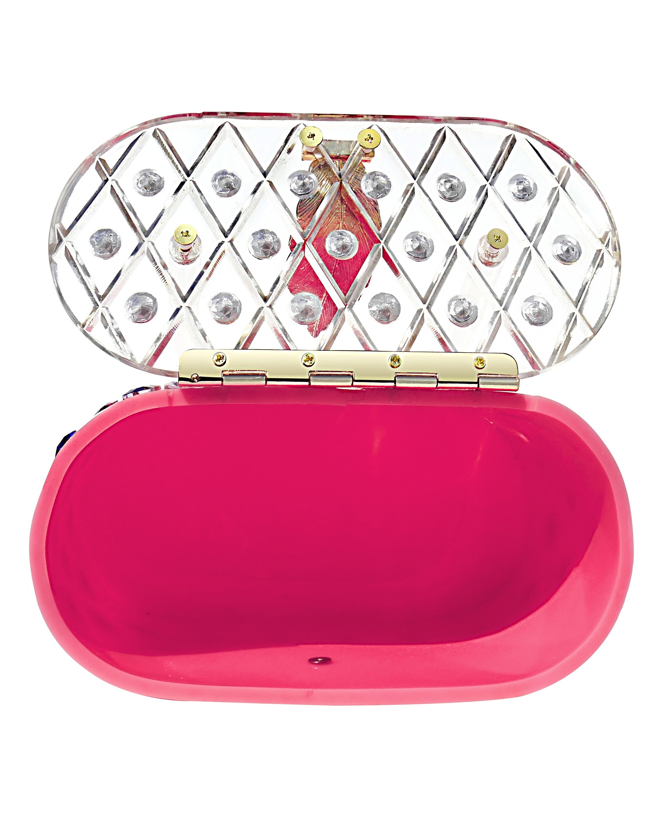 The 'Angel' Pink Rainbow Acrylic Box Clutch Bag featuring a vintage design with colorful crystals and an engraved pattern.