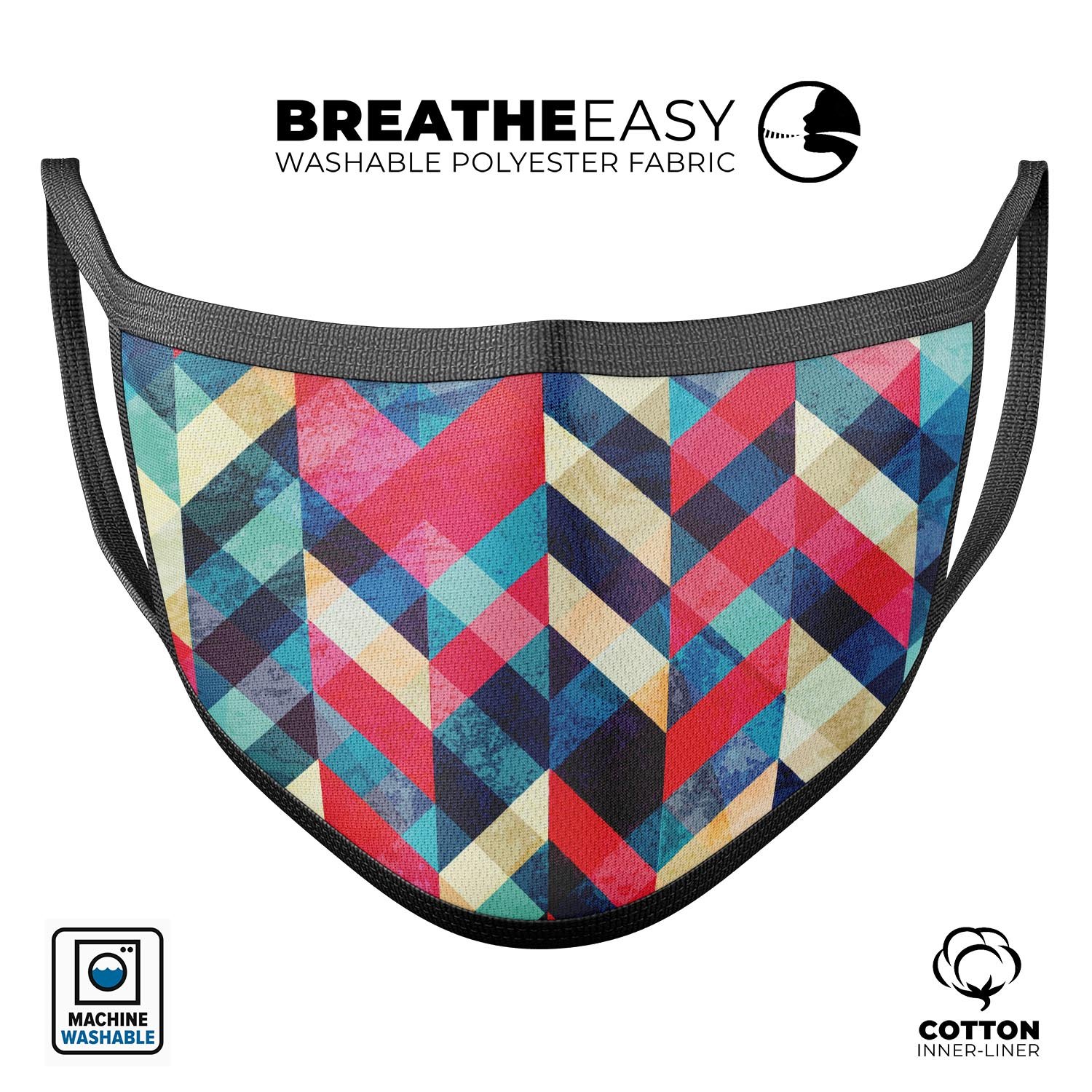 Angled Colored Pattern Mouth Cover, made in the USA, featuring adjustable ear loops and a comfortable cotton interior.