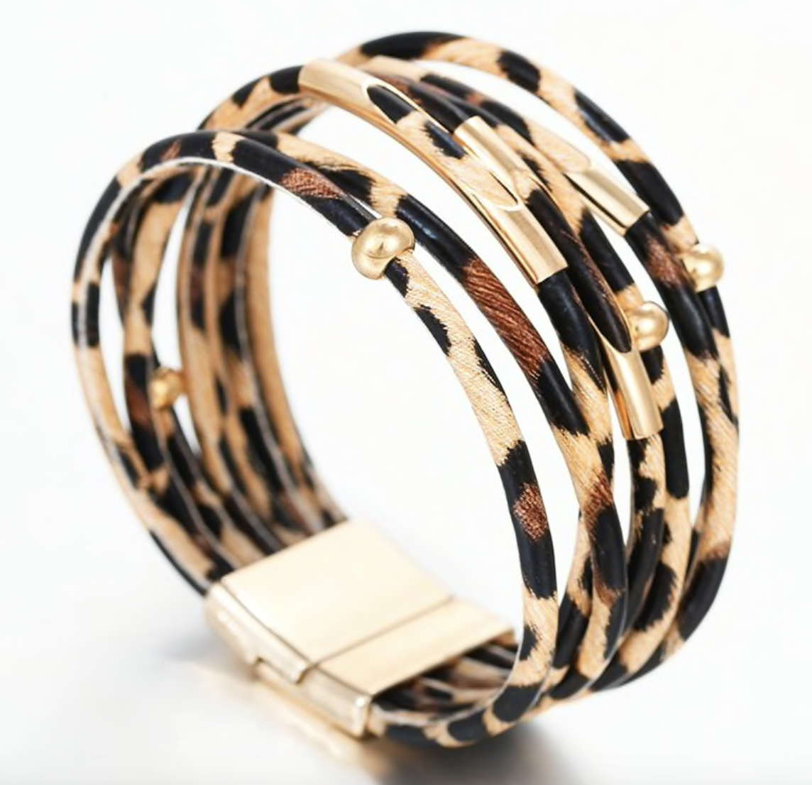 A stylish collection of animal print wrap bracelets featuring various patterns and colors, showcasing their unique design and magnetic closure.