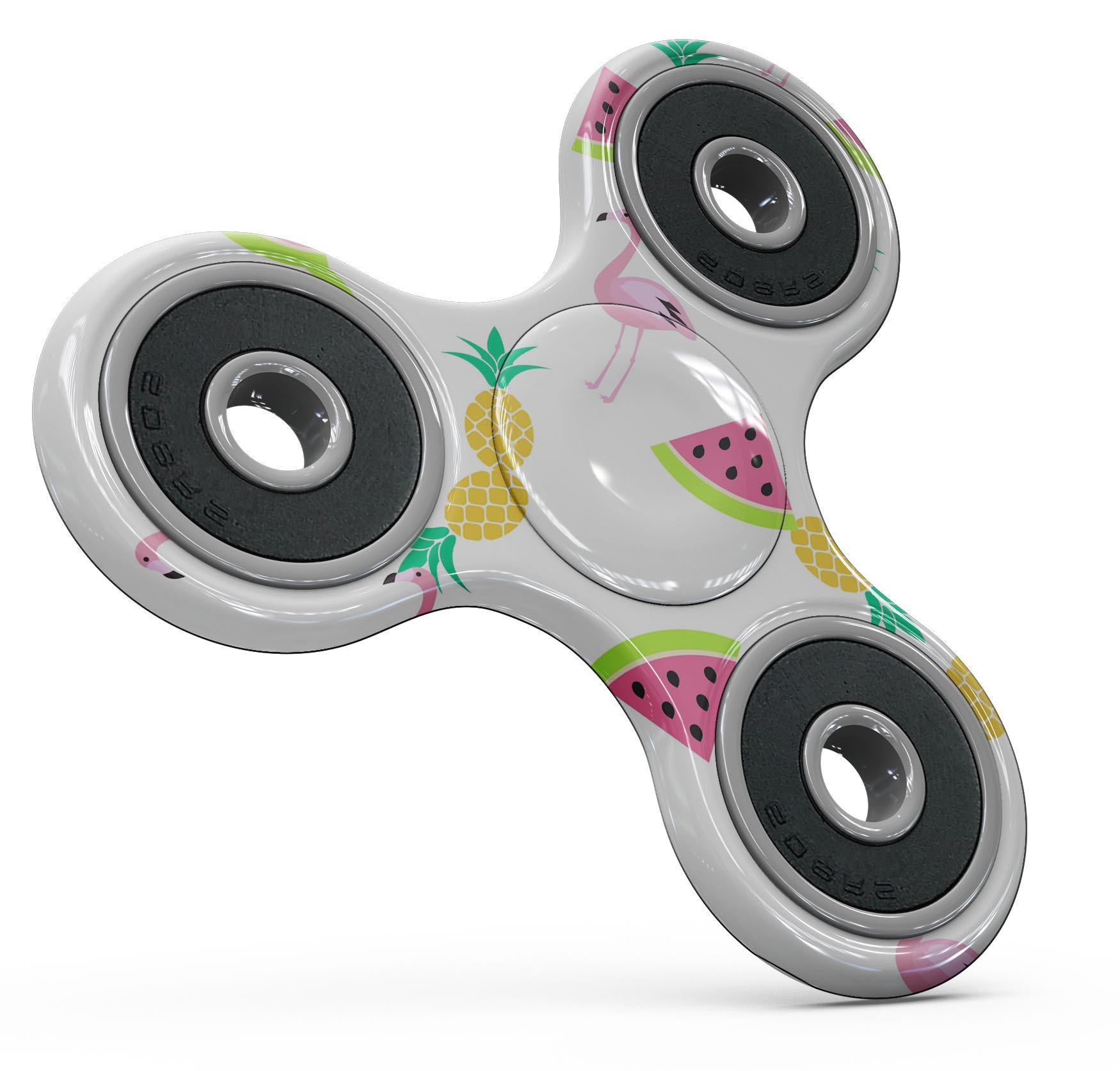 Colorful animated flamingos and fruit design skin for fidget spinner, showcasing vibrant patterns and textures.