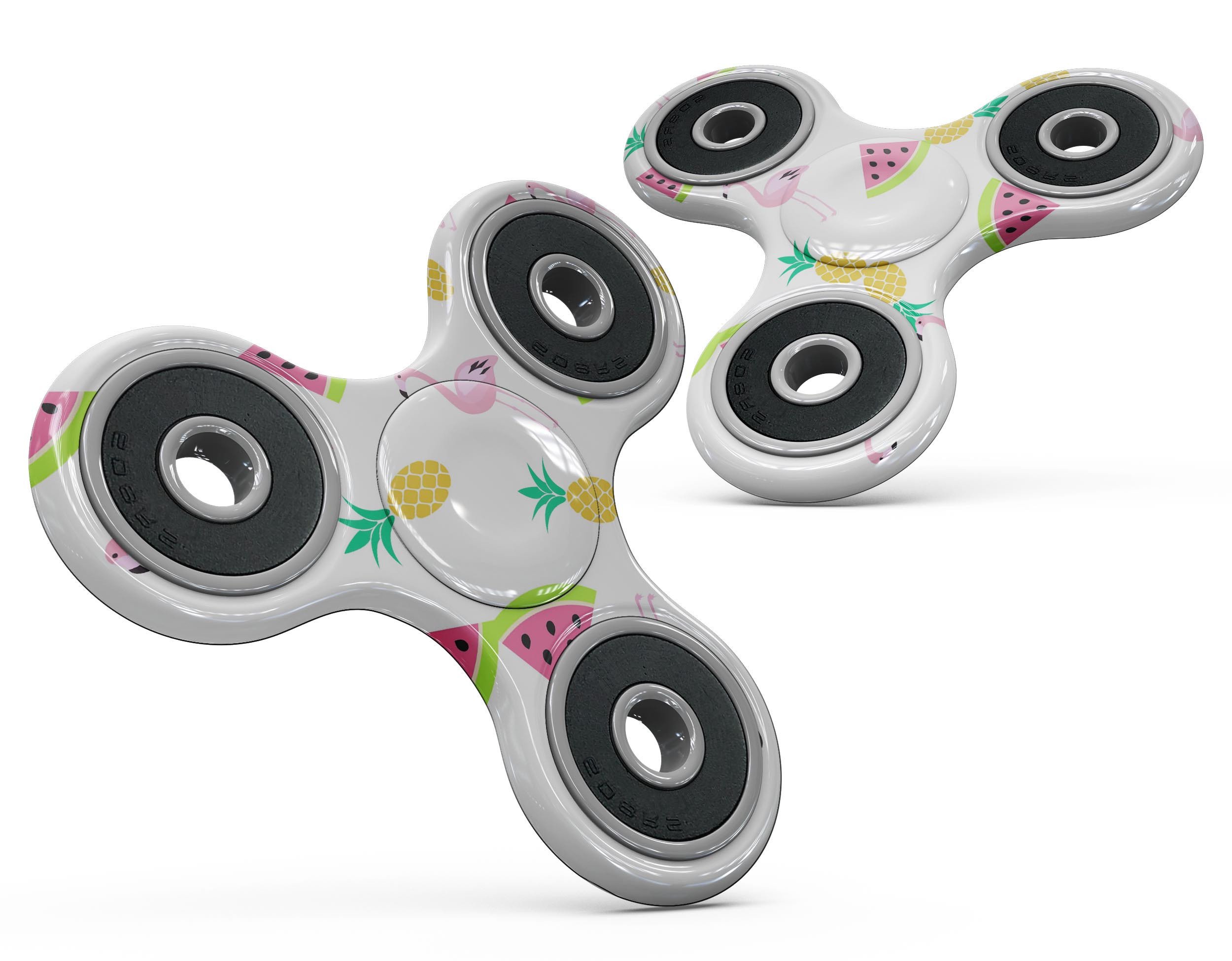 Colorful animated flamingos and fruit design skin for fidget spinner, showcasing vibrant patterns and textures.