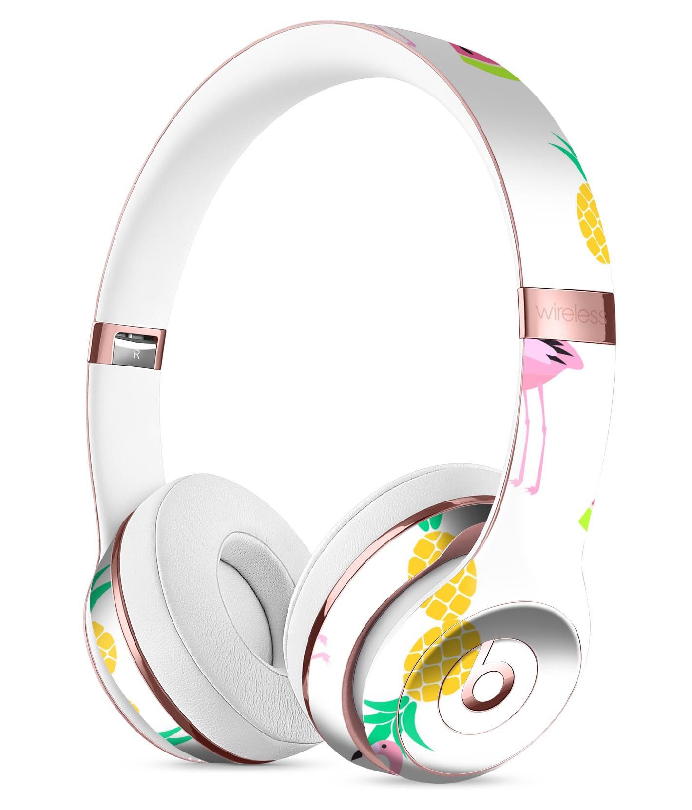 Animated Flamingos and Fruit Full-Body Skin Kit for Beats by Dre Solo 3 Wireless Headphones, showcasing vibrant colors and unique design.