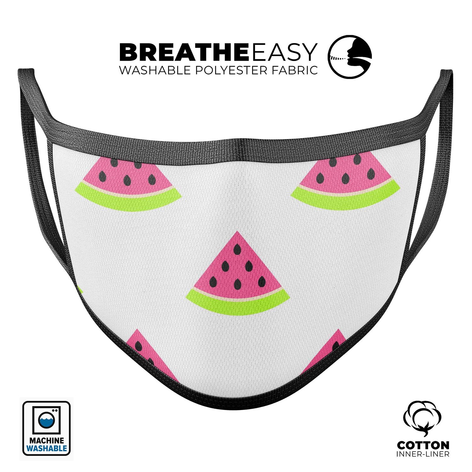 A colorful animated watermelon pattern face mask made of cotton, featuring adjustable ear loops for a comfortable fit.