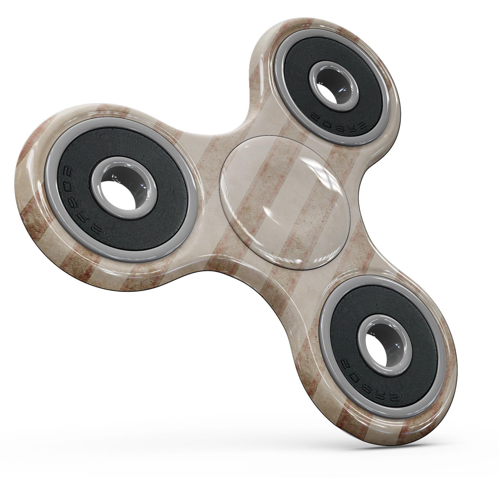 Antique Brown and White Vertical Stripes Full-Body Fidget Spinner skin showcasing a stylish design with durable vinyl material.