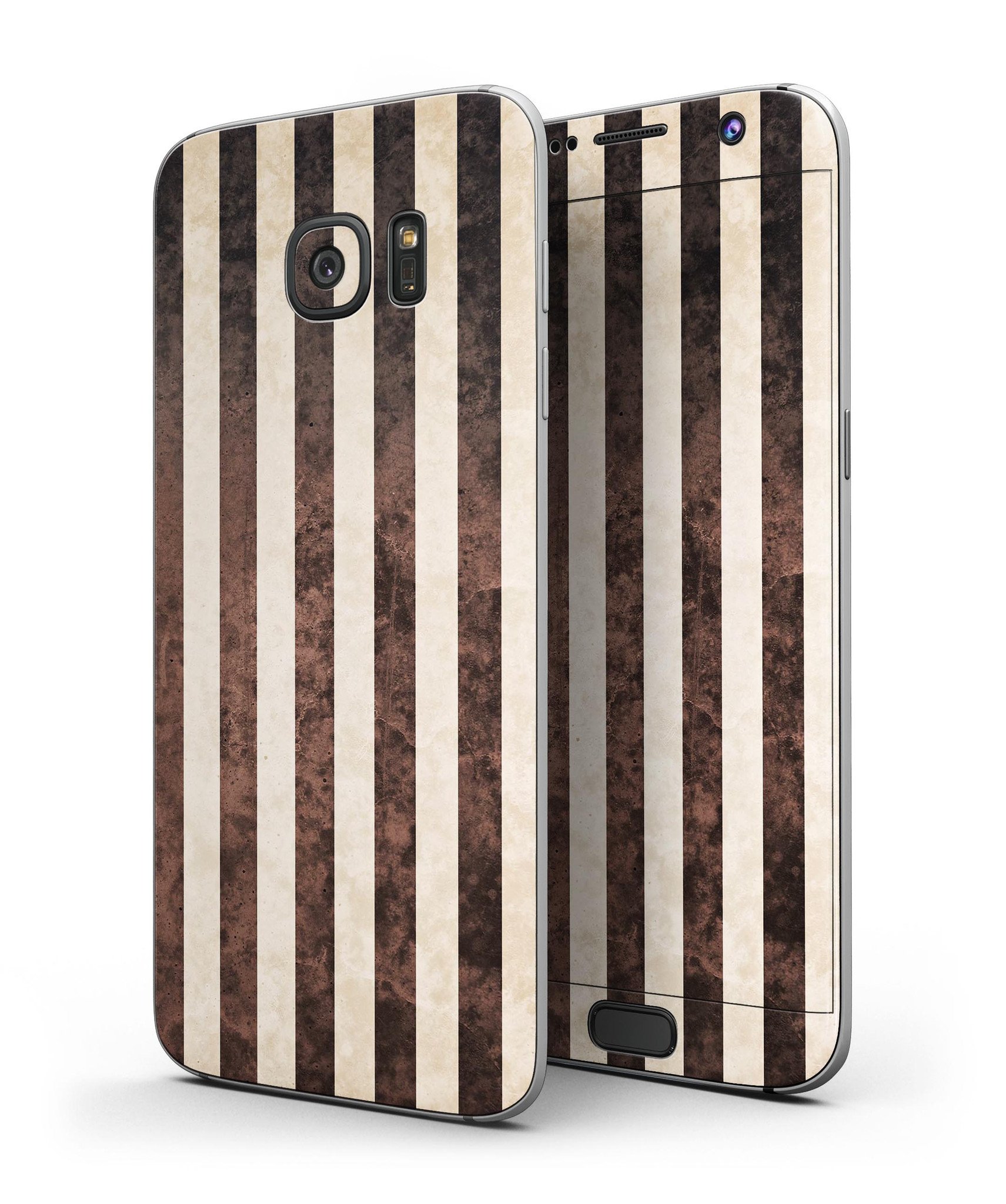 Antique Cocoa and Tan Vertical Stripes Skin-Kit for Samsung Galaxy S7/S7 Edge, showcasing a stylish design with vertical stripes.