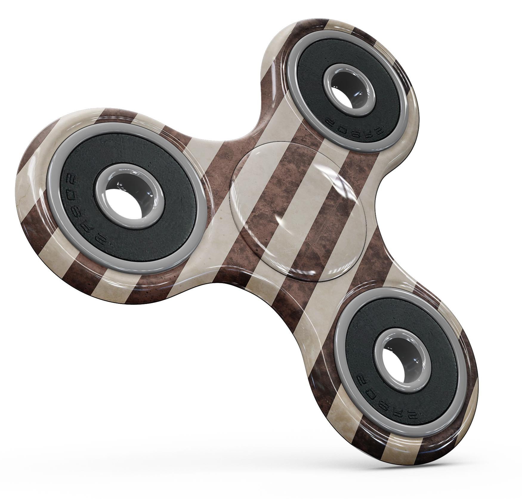 Antique Cocoa and Tan Vertical Stripes Full-Body Fidget Spinner skin showcasing its unique design and premium vinyl material.