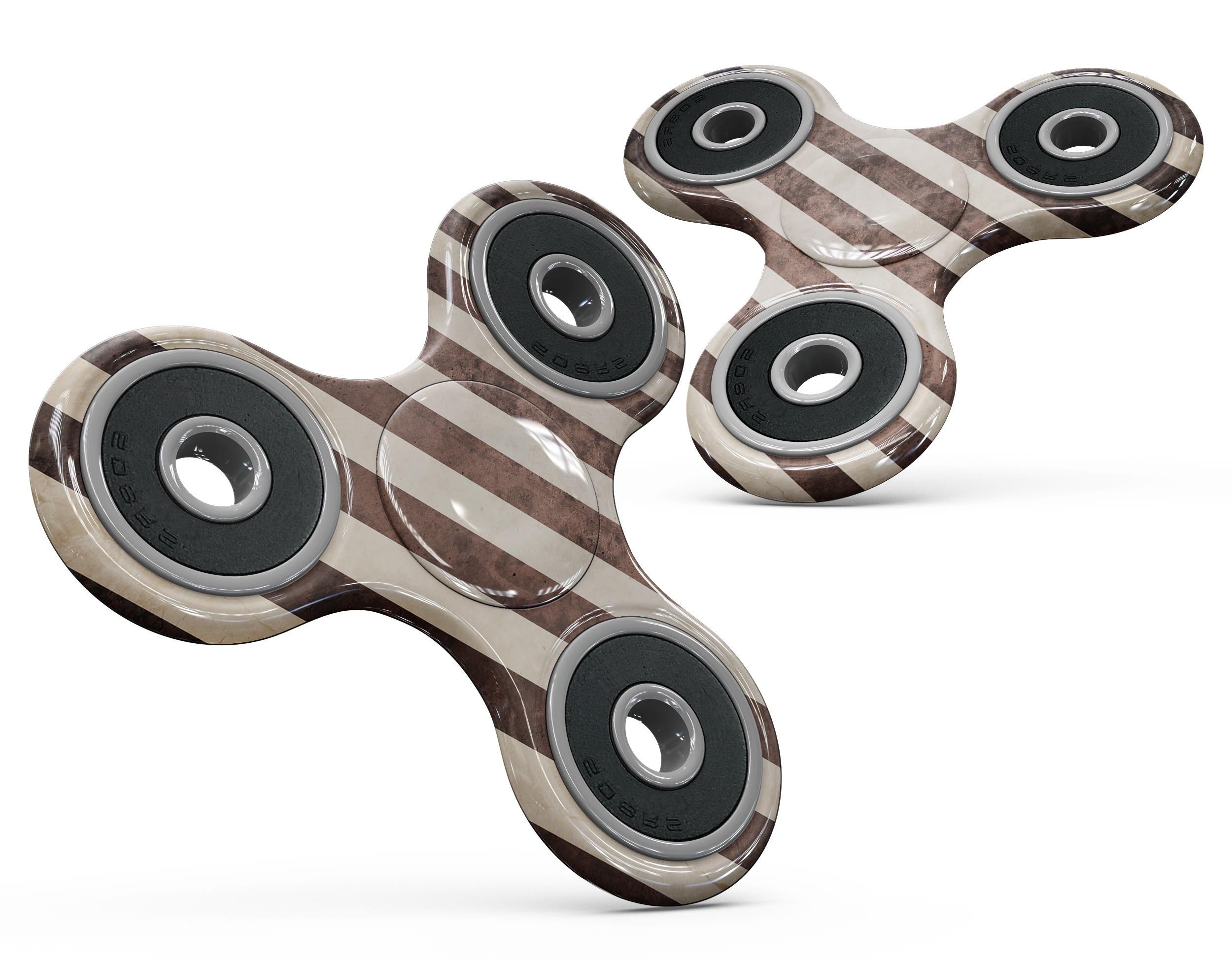 Antique Cocoa and Tan Vertical Stripes Full-Body Fidget Spinner skin showcasing its unique design and premium vinyl material.