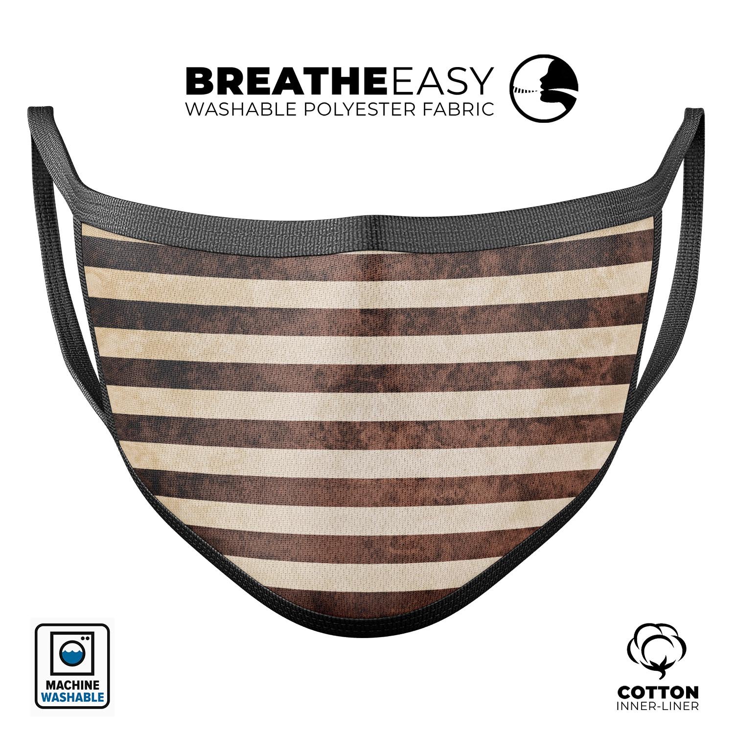 Antique Cocoa and Tan Vertical Stripes reusable mouth cover, showcasing a stylish design with adjustable ear loops for a comfortable fit.