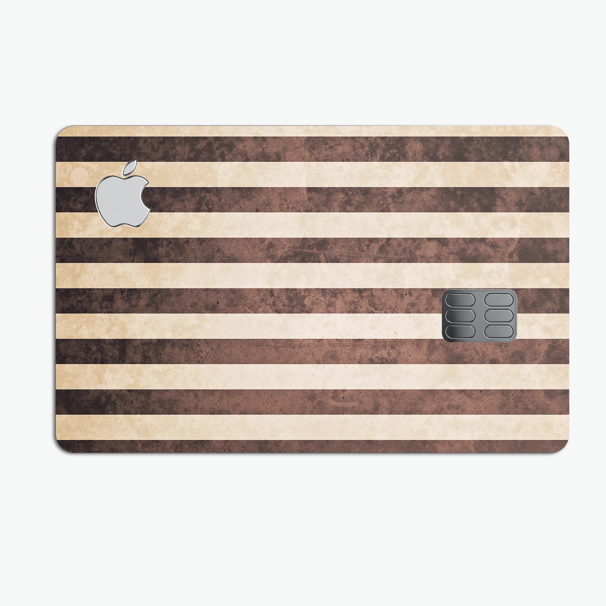 Antique Cocoa and Tan Vertical Stripes Premium Protective Decal for Apple Card, showcasing a stylish design with protective features.