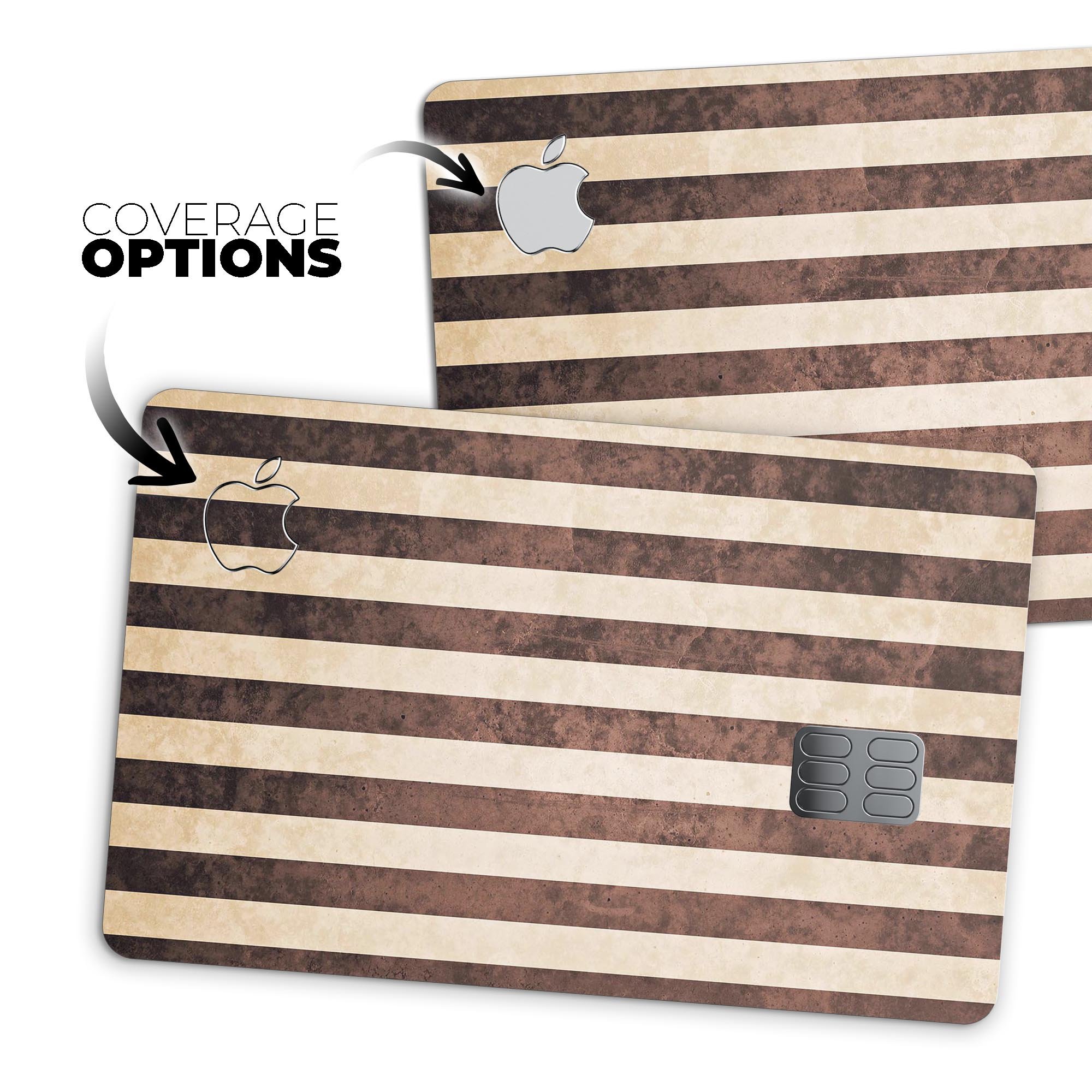 Antique Cocoa and Tan Vertical Stripes Premium Protective Decal for Apple Card, showcasing a stylish design with protective features.