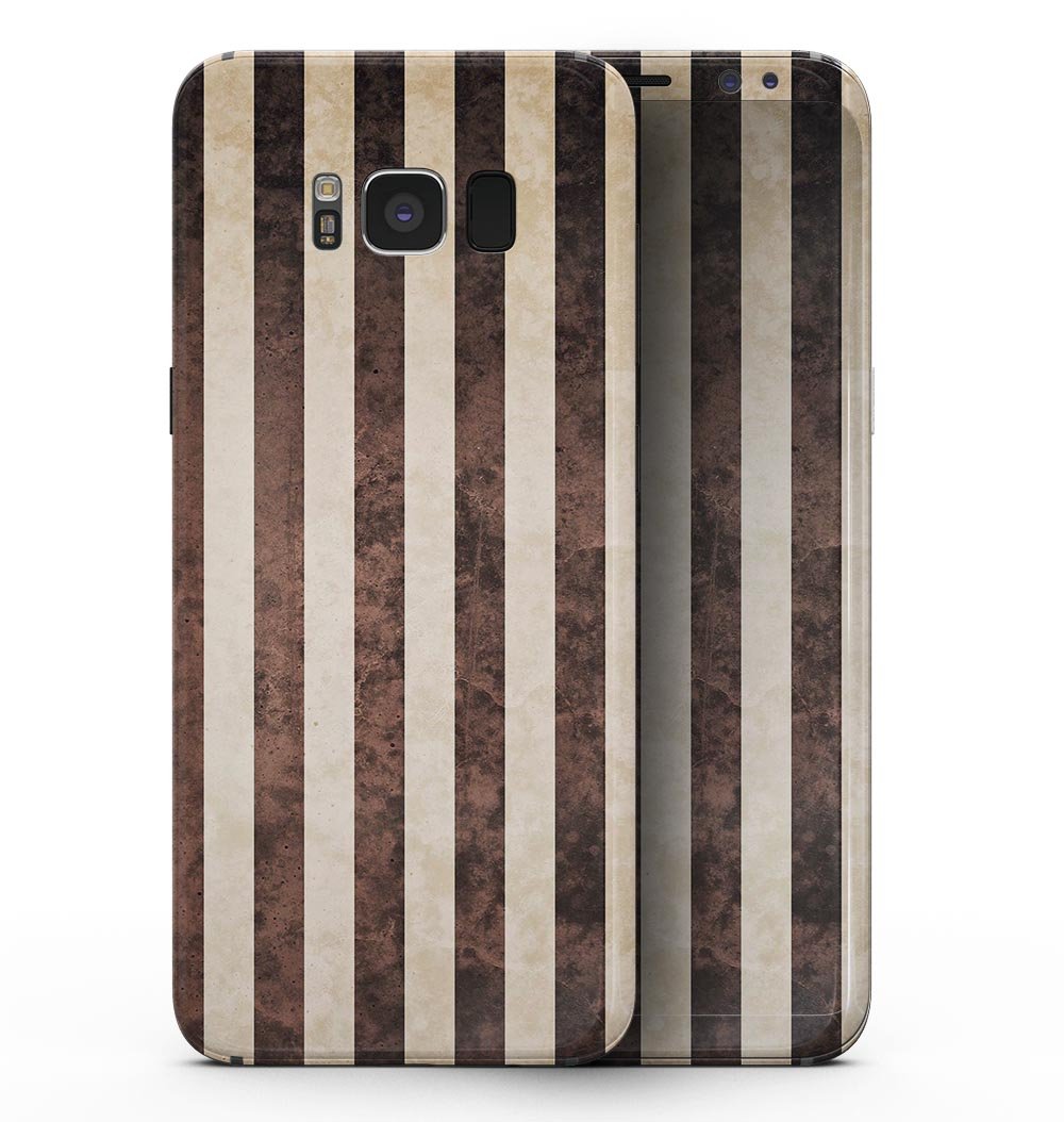 Antique Cocoa and Tan Vertical Stripes skin for Samsung Galaxy S8, showcasing a stylish design that protects the device.