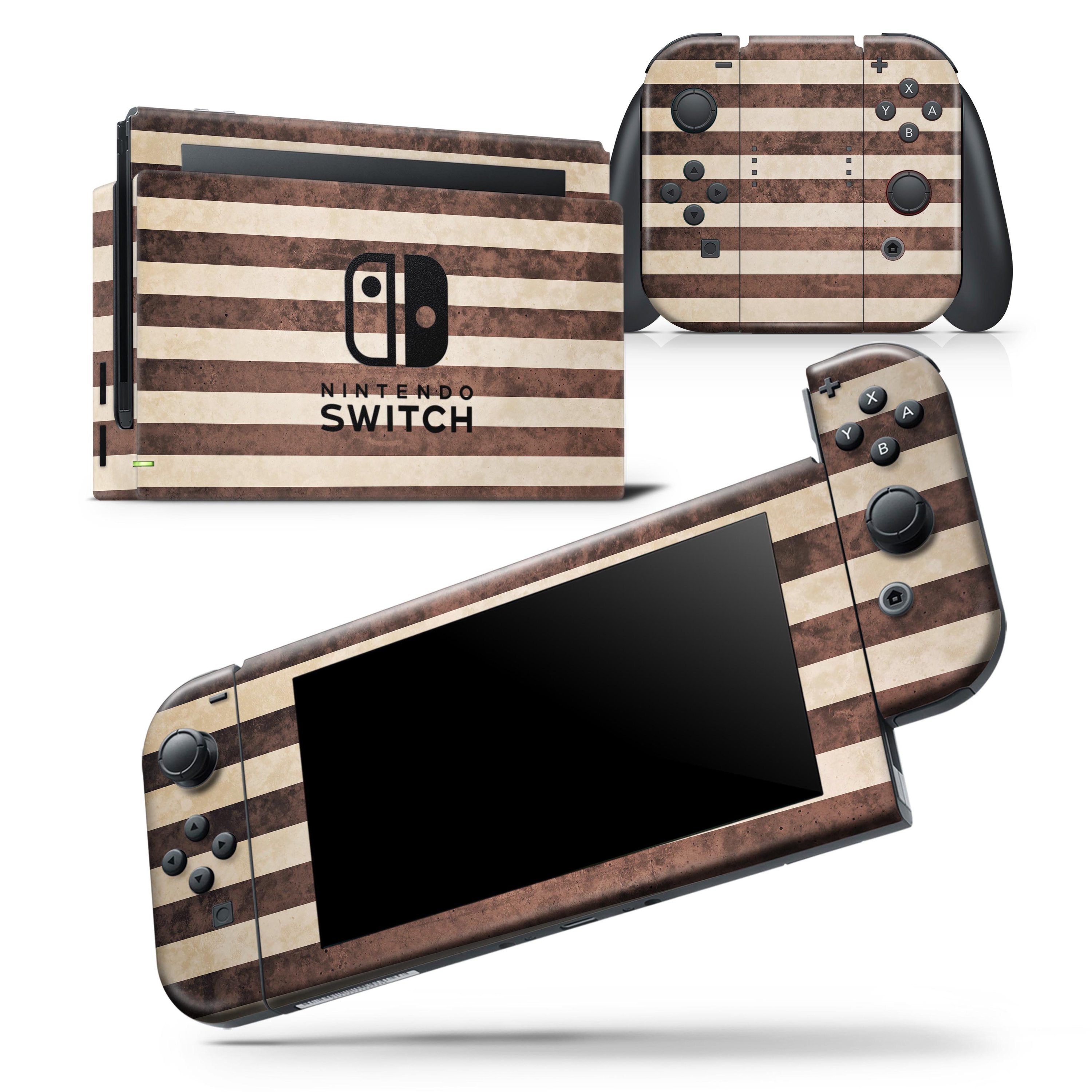 Antique Cocoa and Tan Vertical Stripes Skin Wrap Decal for Nintendo Switch, showcasing a stylish design that fits snugly on the console and controllers.