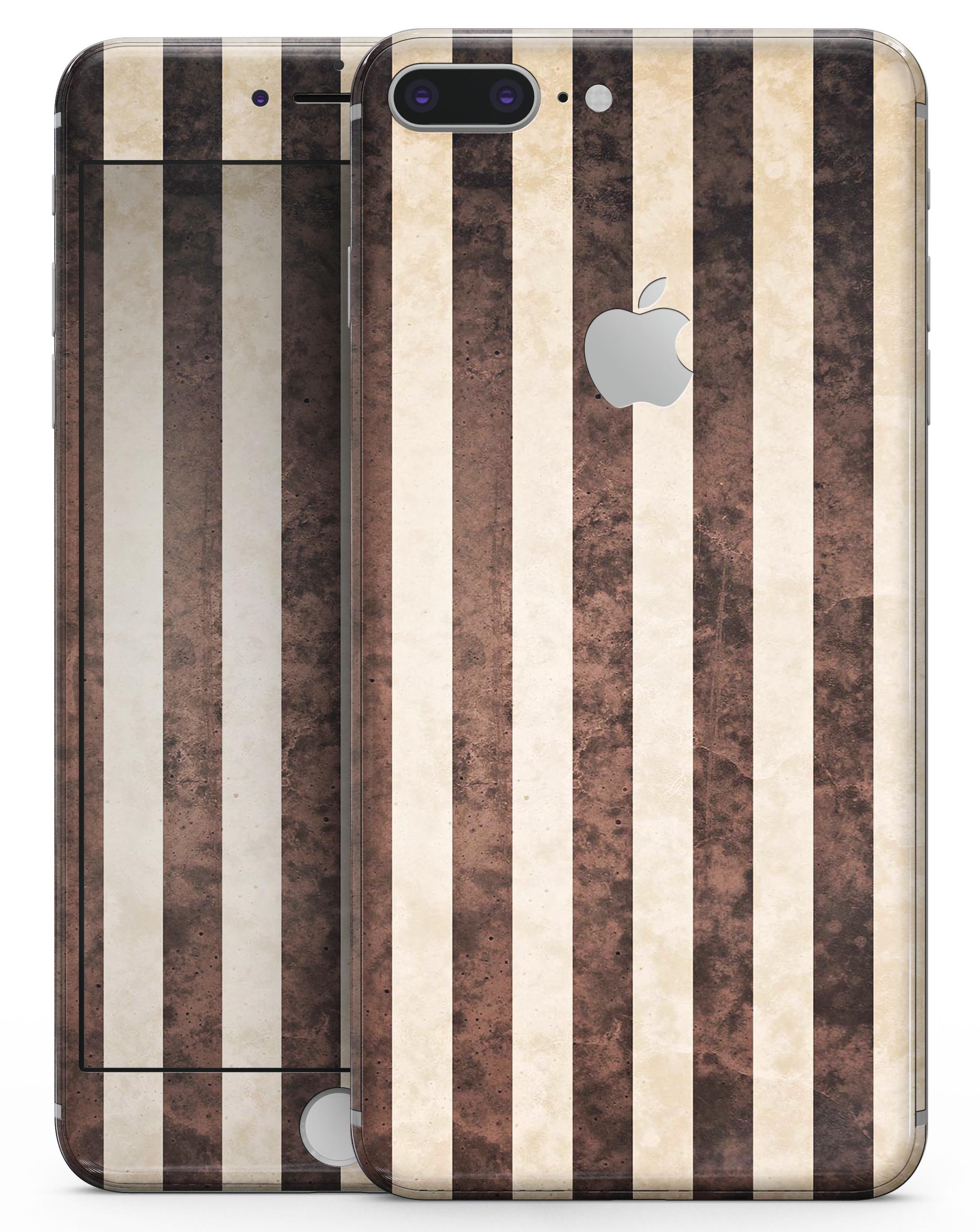 Antique Cocoa and Tan Vertical Stripes skin for iPhone 8 and 8 Plus, showcasing a stylish design with vertical stripes.