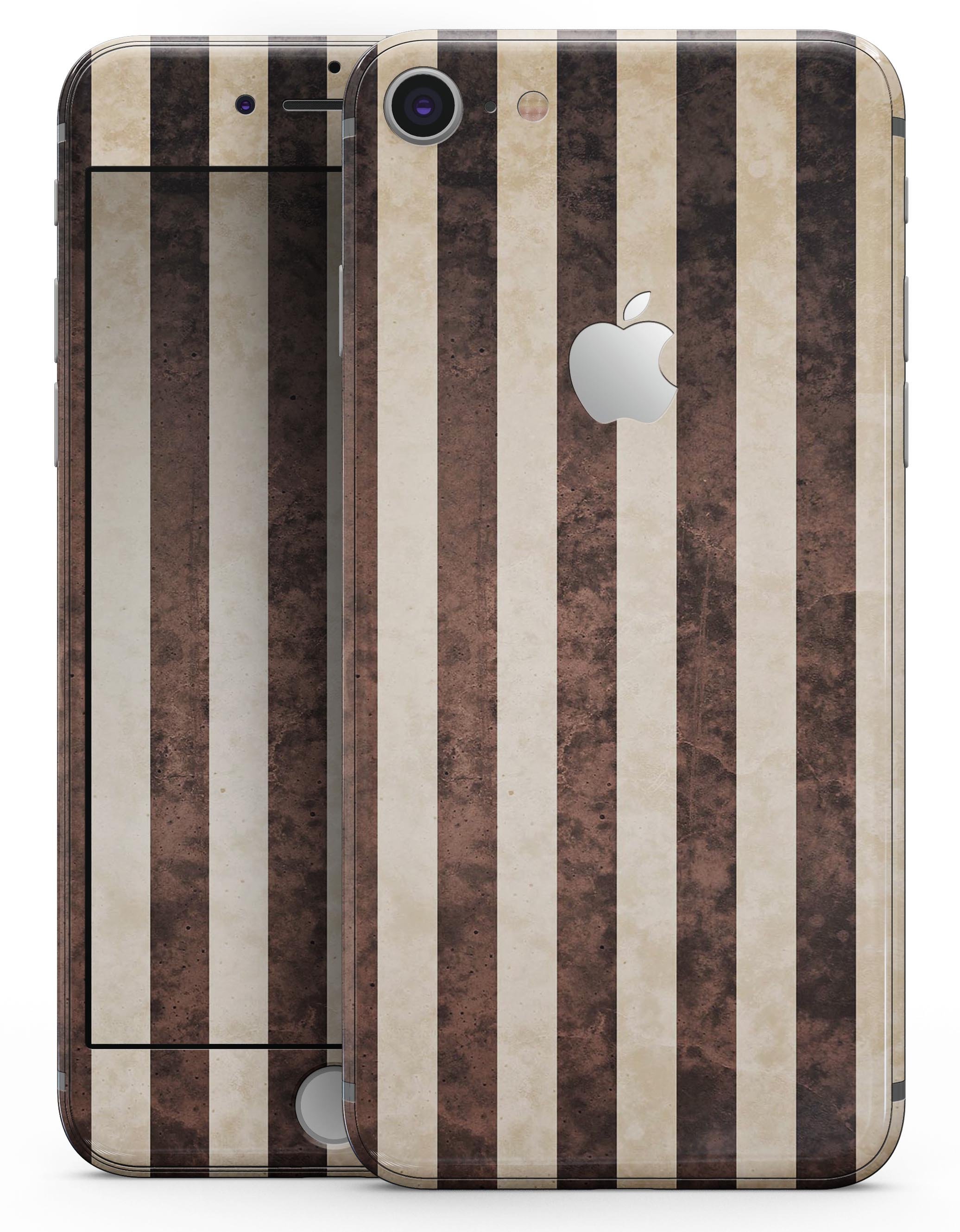 Antique Cocoa and Tan Vertical Stripes skin for iPhone 8 and 8 Plus, showcasing a stylish design with vertical stripes.