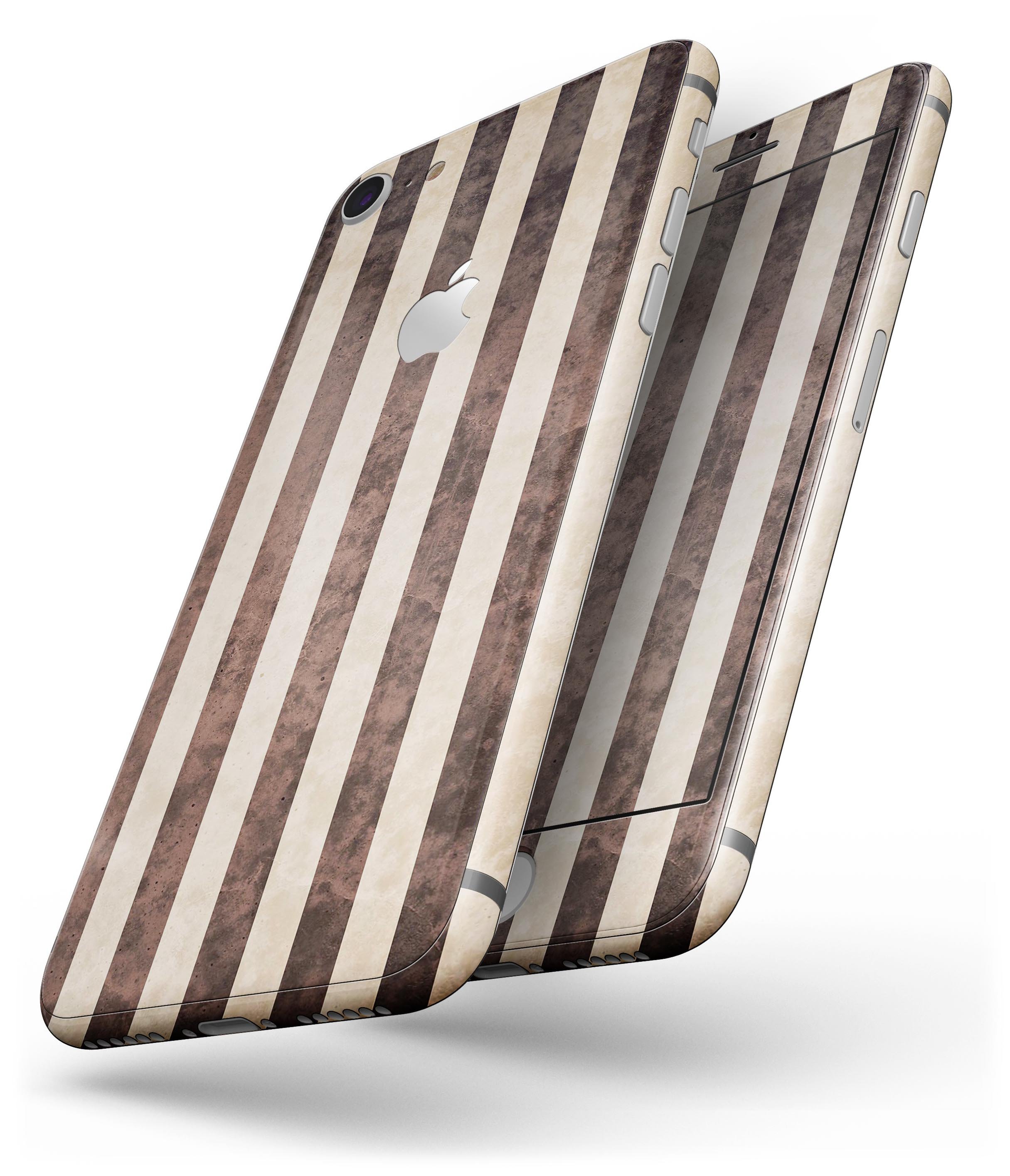 Antique Cocoa and Tan Vertical Stripes skin for iPhone 8 and 8 Plus, showcasing a stylish design with vertical stripes.