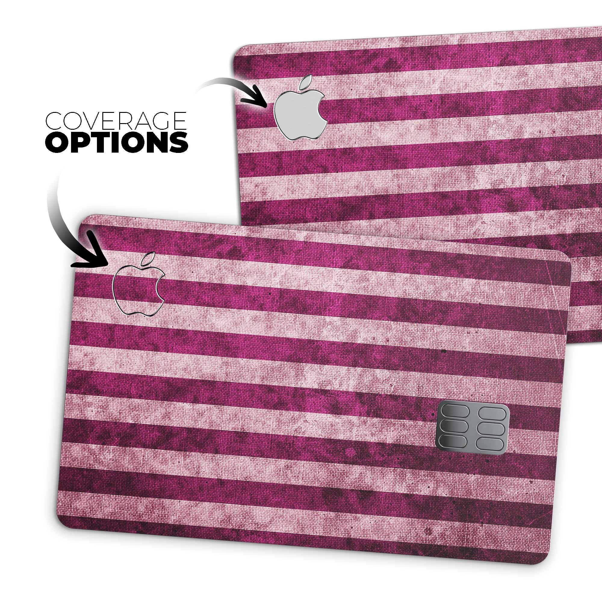 Antique Magenta and Pink Vertical Stripes decal for Apple Card, showcasing vibrant colors and a stylish design.