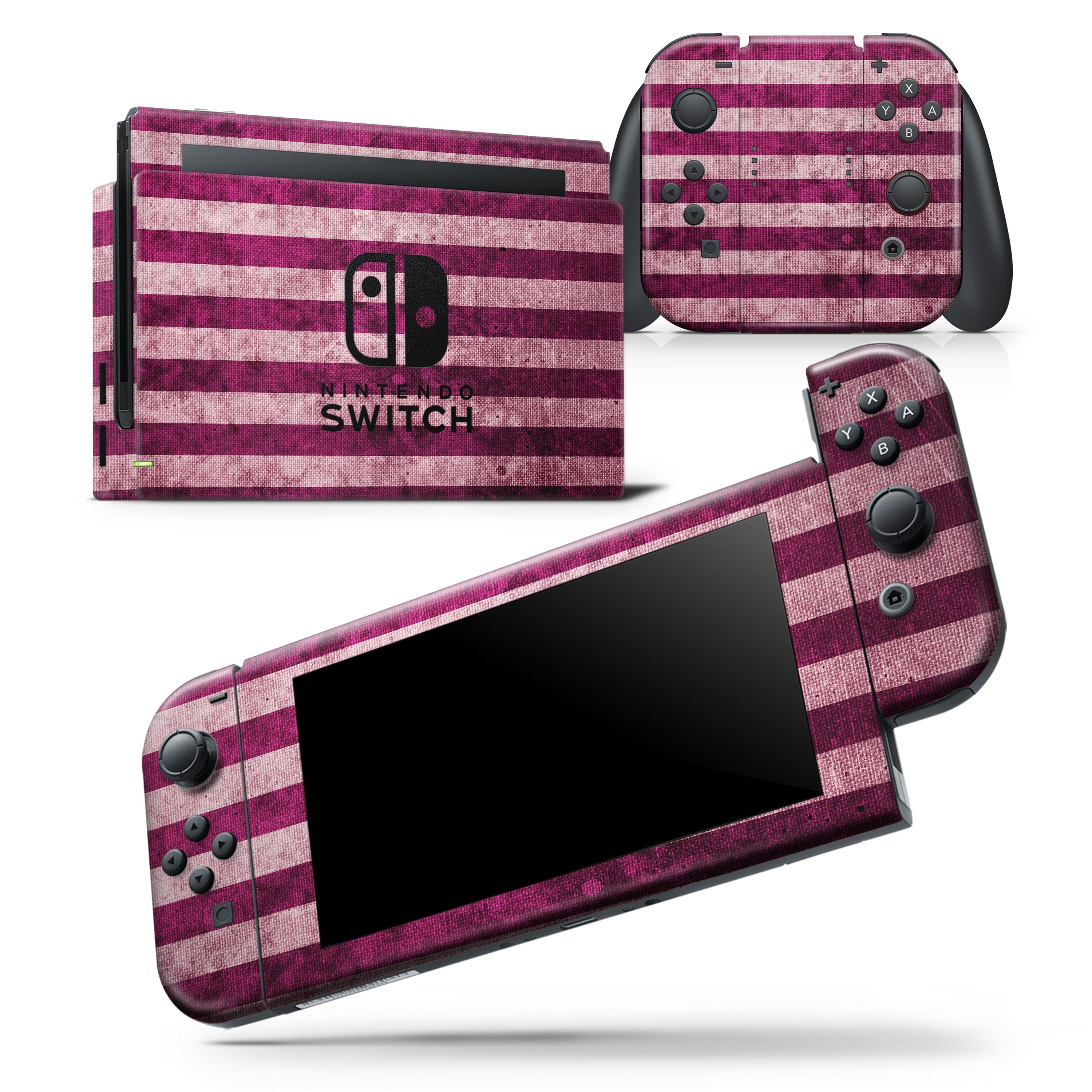 Antique Magenta and Pink Vertical Stripes Skin Wrap Decal for Nintendo Switch, showcasing vibrant colors and a sleek design.