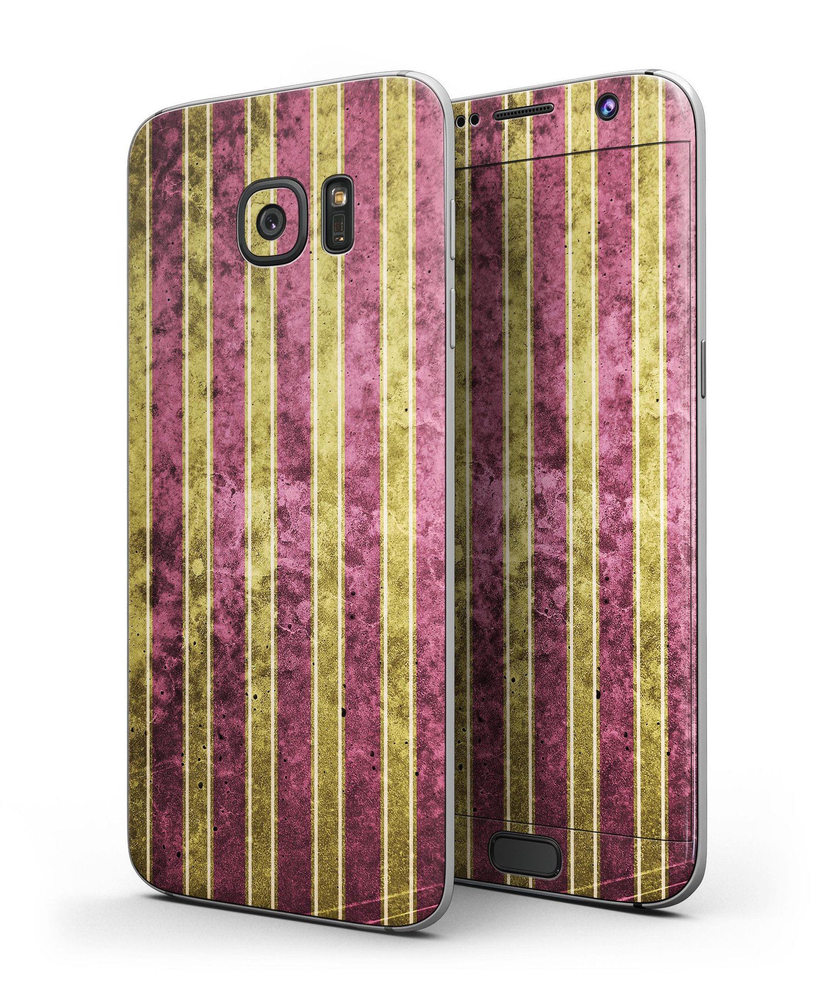 Antique Maroon and Mustard Vertical Stripes skin kit for Samsung Galaxy S7 and S7 Edge, showcasing vibrant colors and a sleek design.