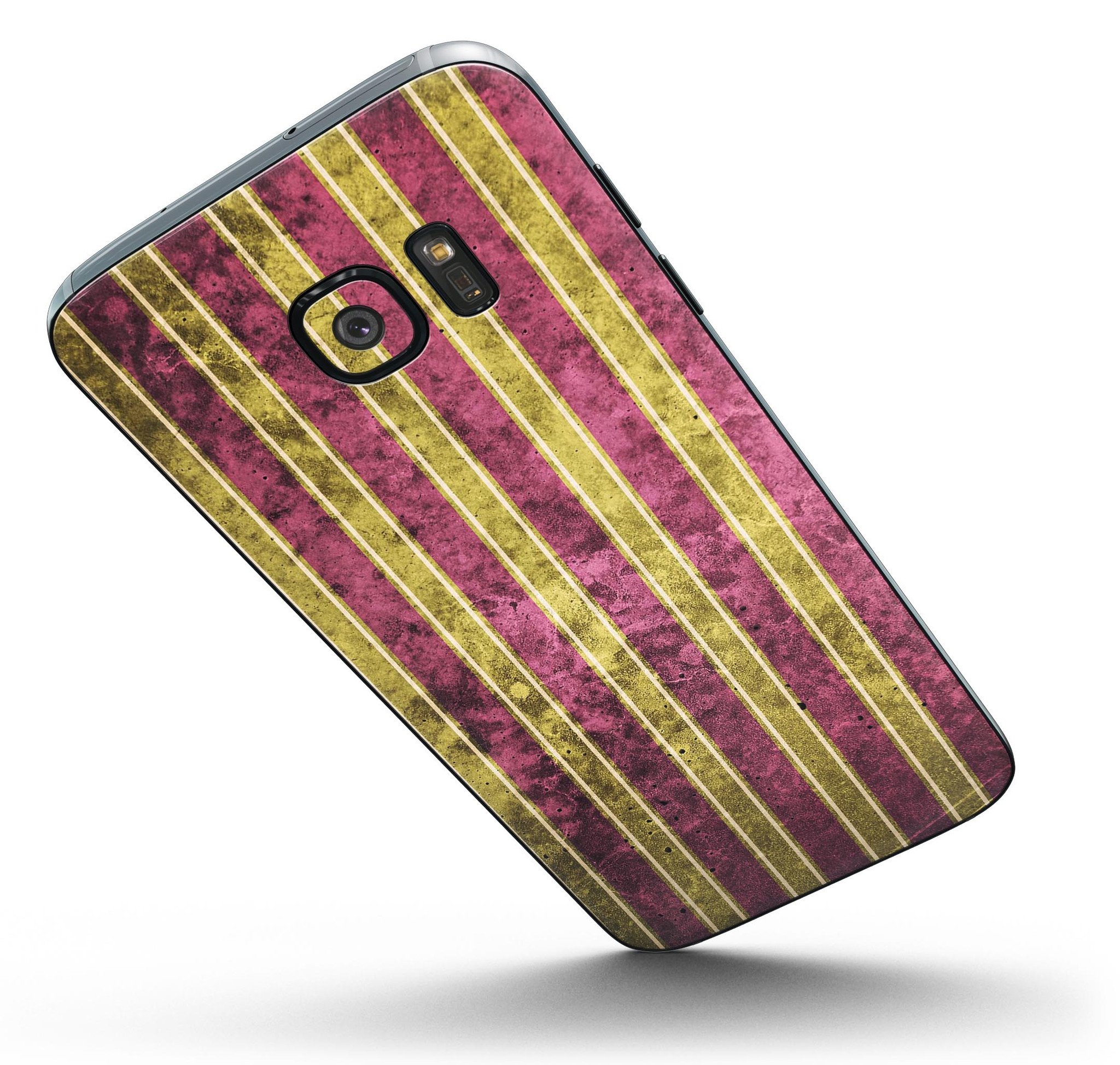 Antique Maroon and Mustard Vertical Stripes skin kit for Samsung Galaxy S7 and S7 Edge, showcasing vibrant colors and a sleek design.