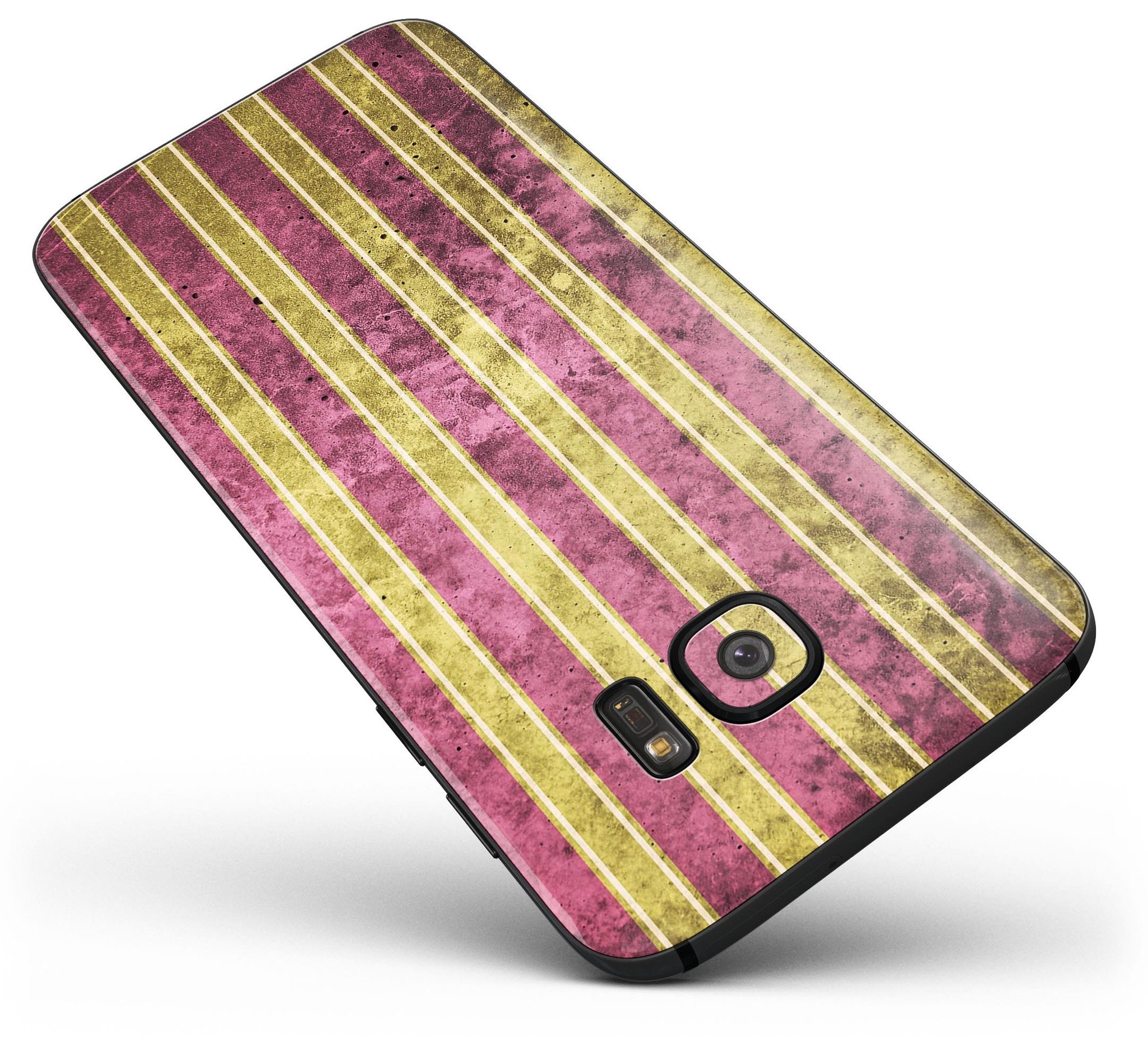 Antique Maroon and Mustard Vertical Stripes skin kit for Samsung Galaxy S7 and S7 Edge, showcasing vibrant colors and a sleek design.