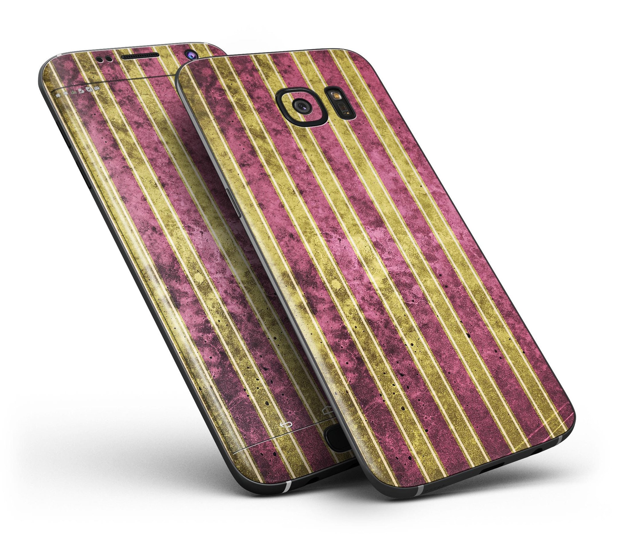 Antique Maroon and Mustard Vertical Stripes skin kit for Samsung Galaxy S7 and S7 Edge, showcasing vibrant colors and a sleek design.