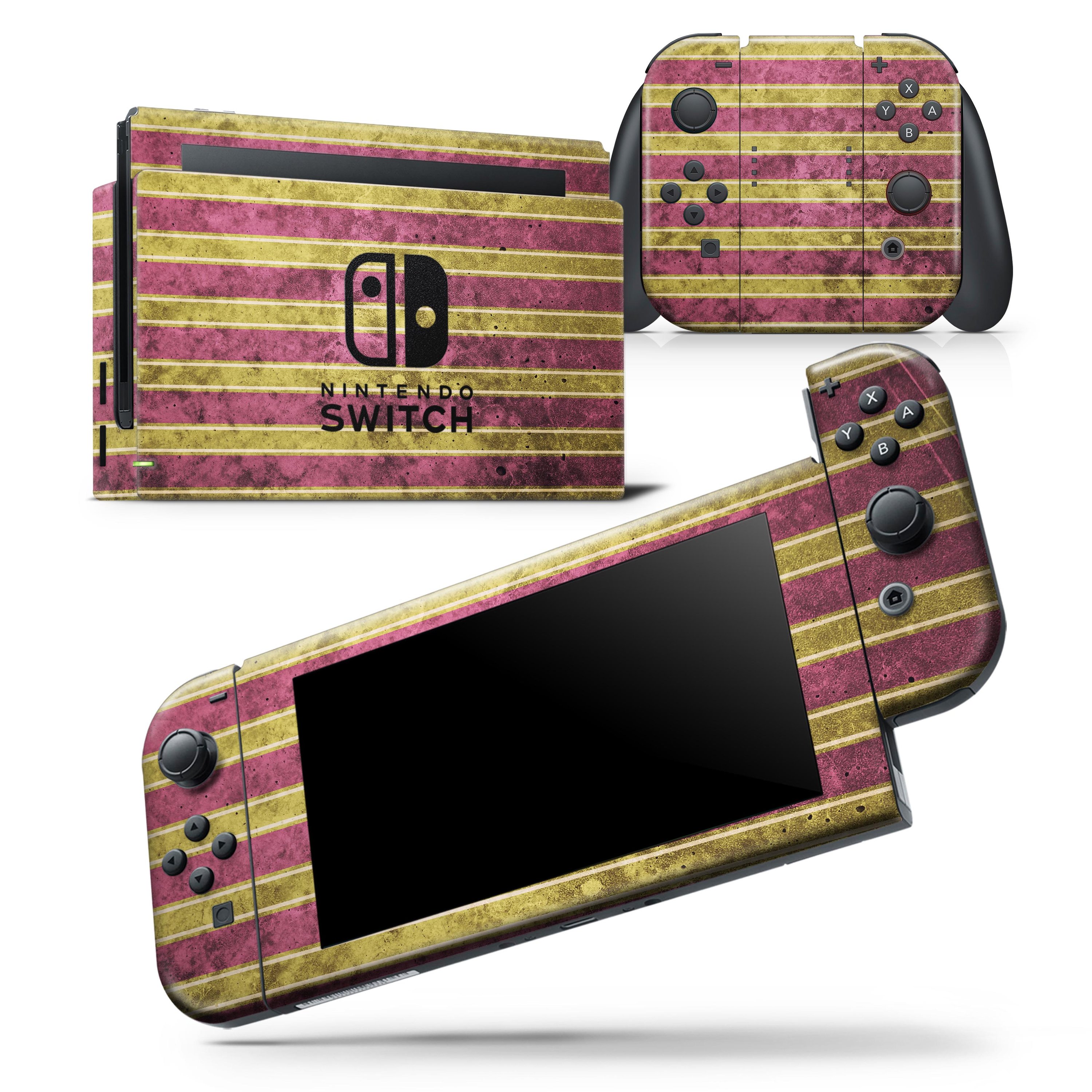 Antique Maroon and Mustard Vertical Stripes skin wrap decal for Nintendo Switch, showcasing a stylish design that fits snugly on the console and controllers.