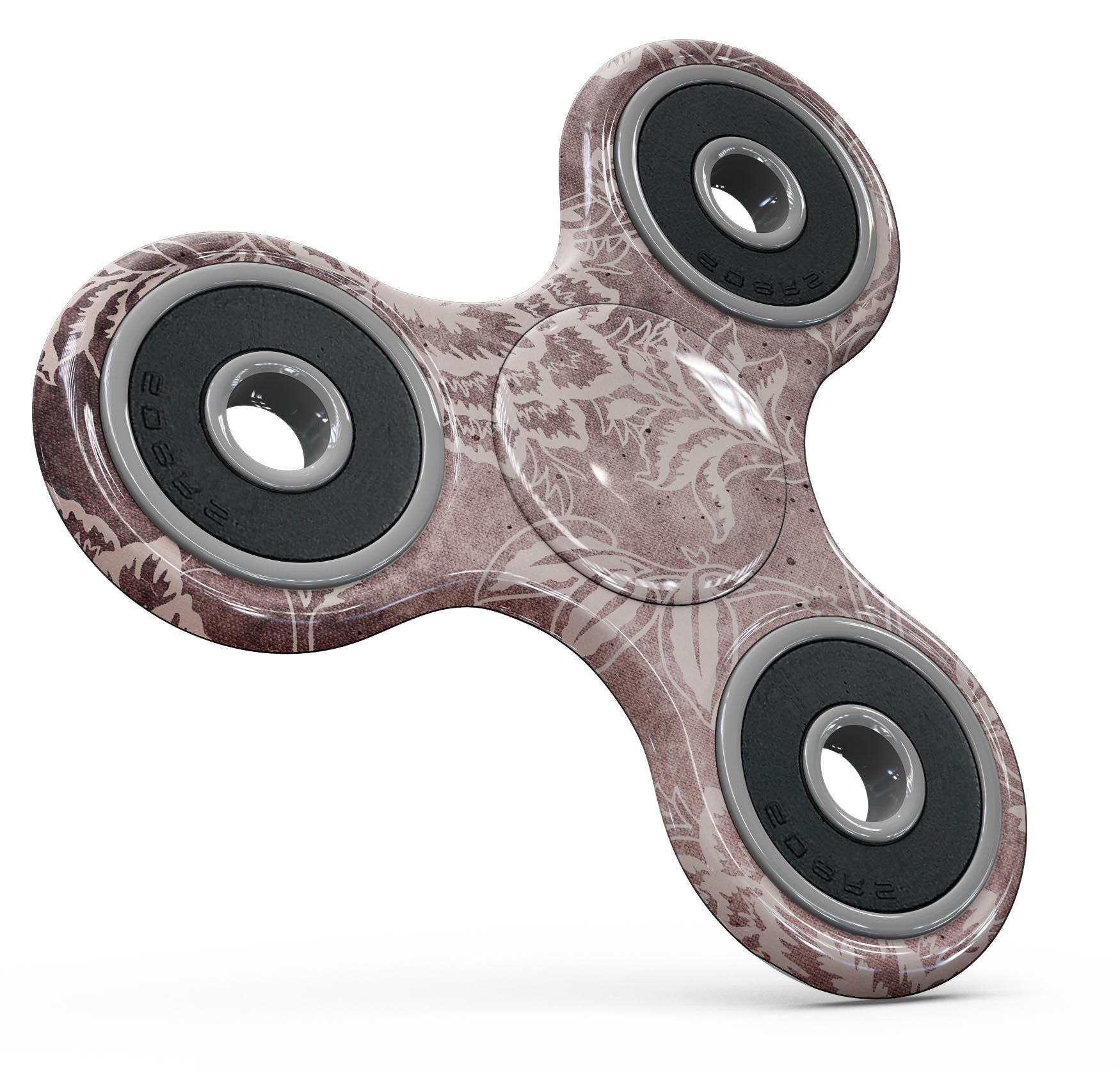 Antique Marron Floral Damask Pattern Skin-Kit for fidget spinner, showcasing intricate floral designs on a durable vinyl material.